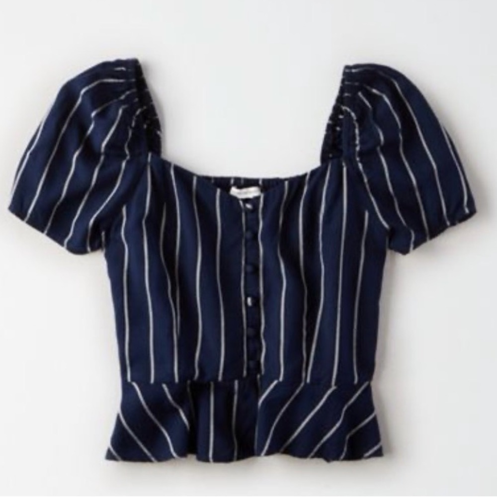 American Eagle Navy Blue White Striped Tulip Hem‎ Puff Sleeve Blouse Top Medium